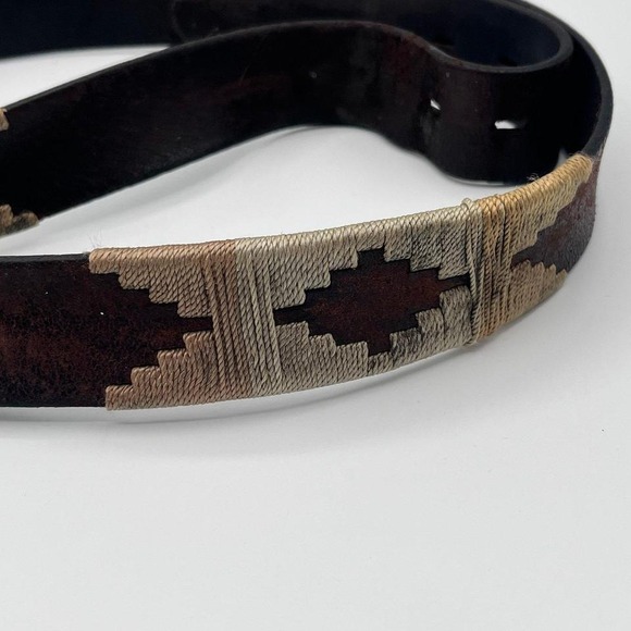 Vintage Leather Belt Handwoven Inlay Western Rustic Buckle Brown - Picture 3 of 7